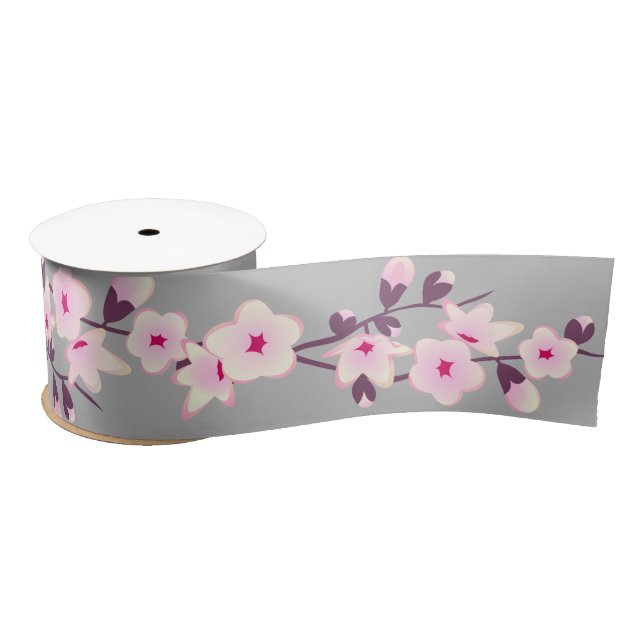 Floral Cherry Blossoms Pink Grey Satin Ribbon (Spool)