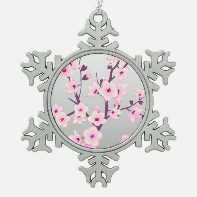 Floral Cherry Blossoms Pink Grey Snowflake Pewter Christmas Ornament (Front)