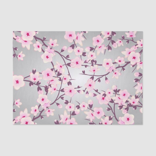 Floral Cherry Blossoms Pink Grey Tissue Paper (Front)