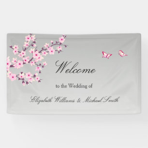 Floral Cherry Blossoms Pink Grey Wedding Banner