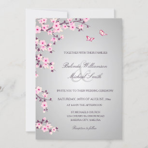 Floral Cherry Blossoms Pink Grey Wedding Invitation