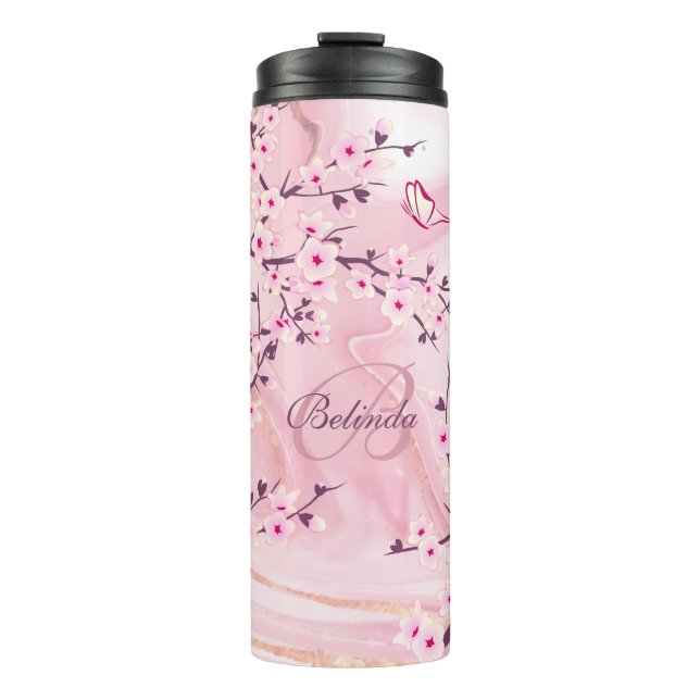 Floral Cherry Blossoms Pink Marble Name Monogram  Thermal Tumbler (Front)