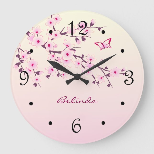 Floral Cherry Blossoms Pink  Monogram Large Clock (Front)