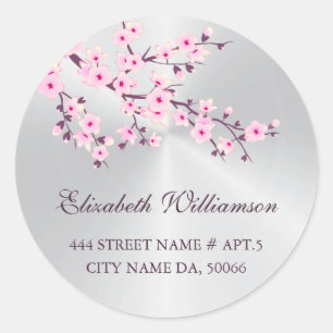 Floral Cherry Blossoms Pink Silver  Classic Round Sticker