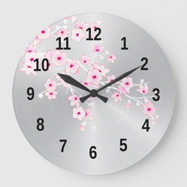 Floral Cherry Blossoms Pink Silver Girls Room Large Clock (Front)