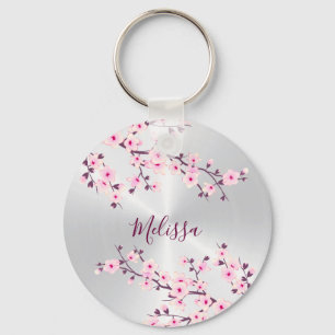 Floral Cherry Blossoms Pink Silver  Key Ring