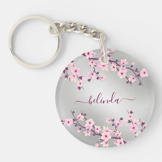 Floral Cherry Blossoms Pink Silver Monogram Key Ring (Front)
