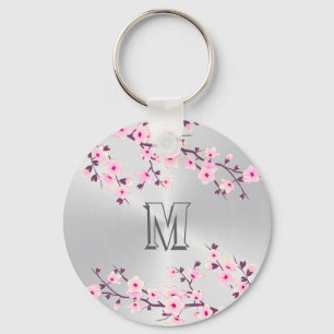 Floral Cherry Blossoms Pink Silver Monogram Key Ring