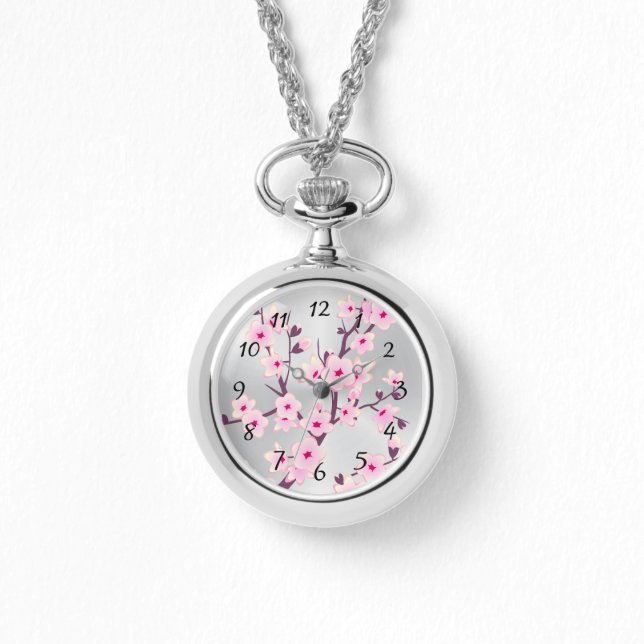Floral Cherry Blossoms Pink Silver Numbers Watch (Front)
