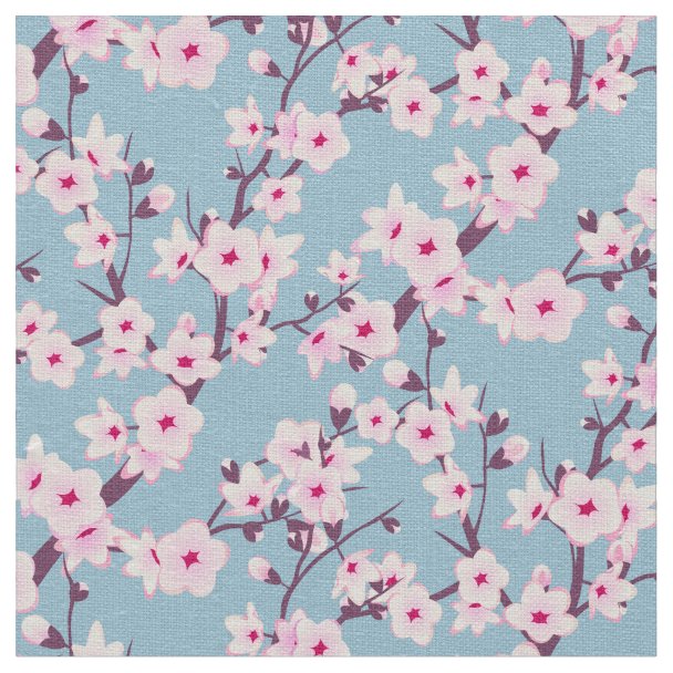 Floral Cherry Blossoms Blue White Pattern Fabric | Zazzle.co.uk