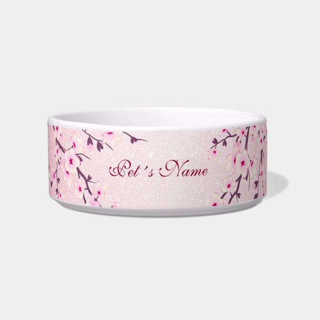 Floral Cherry Blossoms Pink Sparkle Add Name  Bowl (Front)