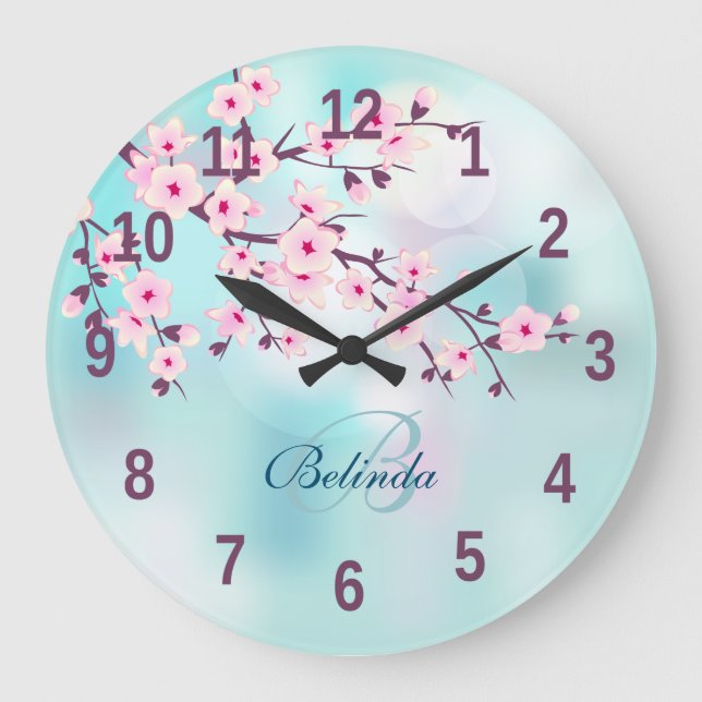 Floral Cherry Blossoms Pink Turquoise Add Name Large Clock (Front)
