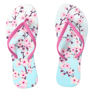 Floral Cherry Blossoms Pink Turquoise Flip Flops