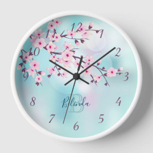 Floral Cherry Blossoms Pink Turquoise Monogram Clock