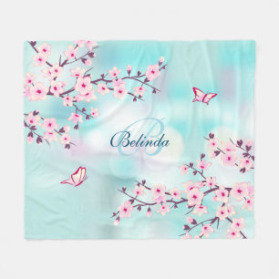 Floral Cherry Blossoms Pink Turquoise Monogram Fleece Blanket