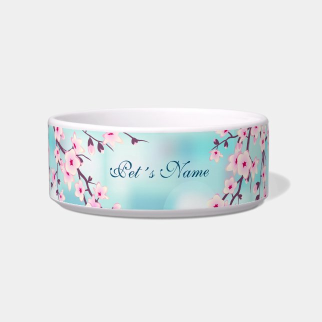 Floral Cherry Blossoms Pink  Turquoise Pet´s Name Bowl (Front)