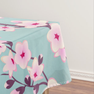 Floral Cherry Blossoms Pink Turquoise Tablecloth