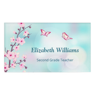 Floral Cherry Blossoms Pink Turquoise Teacher Name Name Tag
