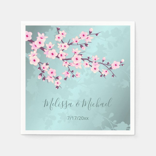 Floral Cherry Blossoms Pink Turquoise Wedding Napkin (Front)