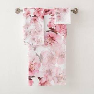 Floral Cherry Blossoms Pink White Bath Towel Set
