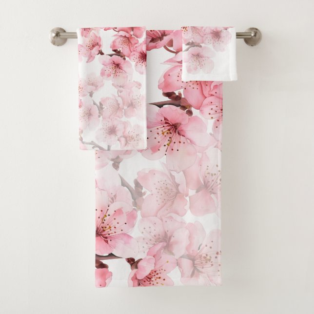 Floral Cherry Blossoms Pink White Bath Towel Set (Insitu)
