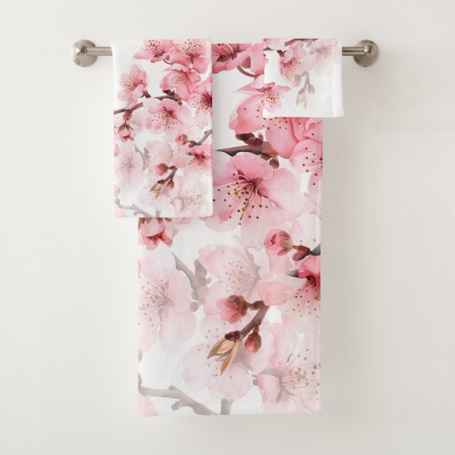 Floral Cherry Blossoms Pink White Bath Towel Set (Insitu)