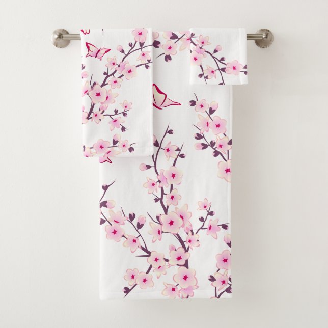 Floral Cherry Blossoms Pink White Bath Towel Set (Insitu)
