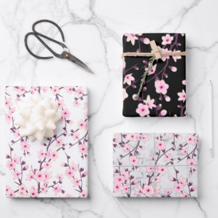 Floral Cherry Blossoms Pink White Black Gray  Wrapping Paper Sheet