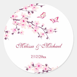 Floral Cherry Blossoms Pink White Classic Round Sticker