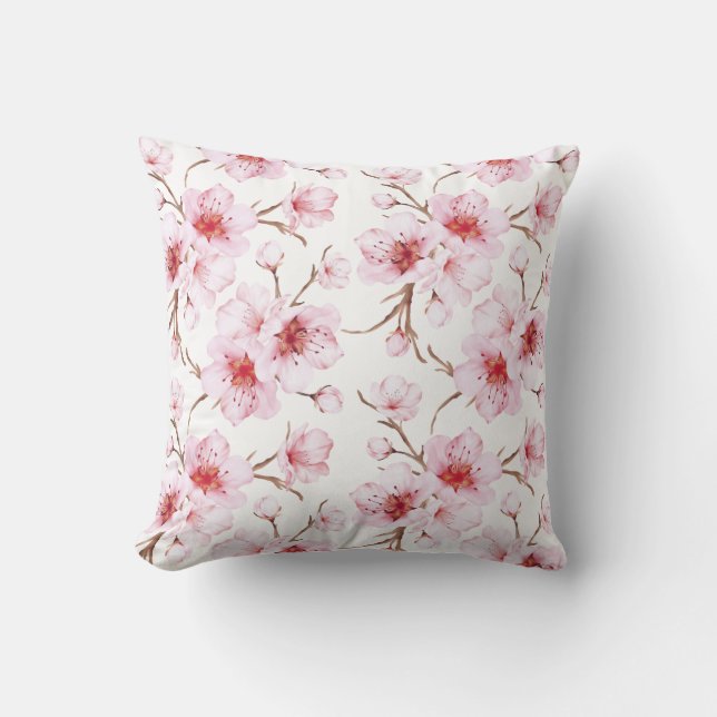 Floral Cherry Blossoms Pink White Cushion (Front)