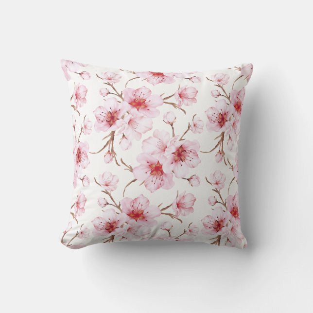 Floral Cherry Blossoms Pink White Cushion (Front)