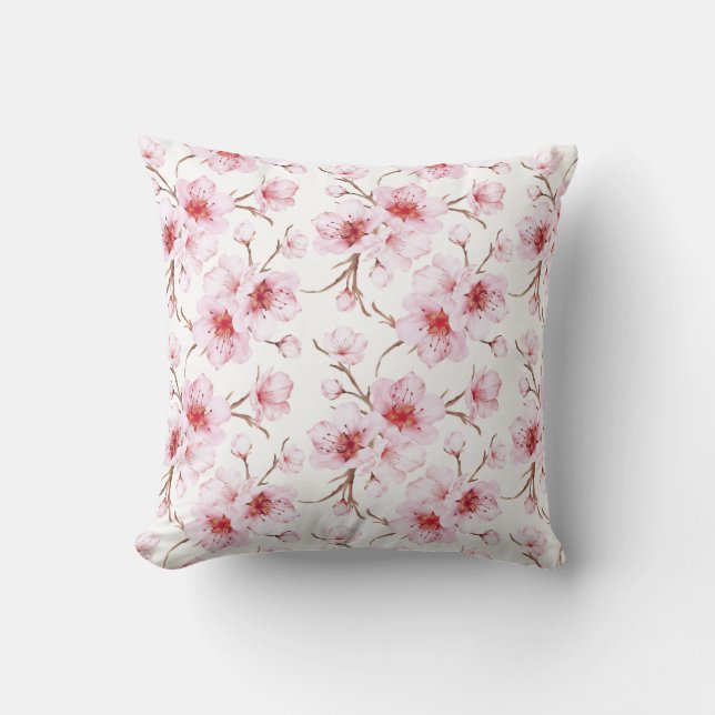 Floral Cherry Blossoms Pink White Cushion (Front)
