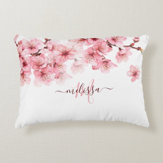 Floral Cherry Blossoms Pink White Customisable Decorative Cushion (Front)