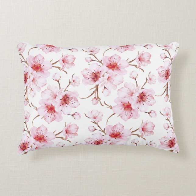 Floral Cherry Blossoms Pink White Decorative Cushion (Front)