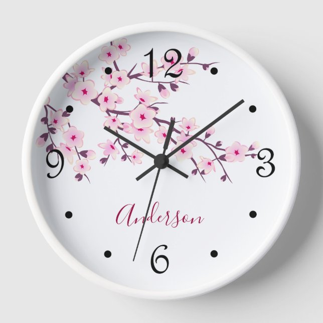 Floral Cherry Blossoms Pink White Family Name Clock (Front)