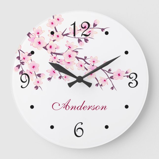Floral Cherry Blossoms Pink White Family Name Large Clock (Front)