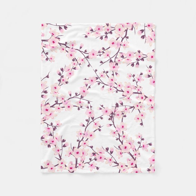 Floral Cherry Blossoms Pink White Fleece Blanket (Front)