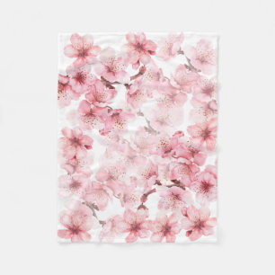 Floral Cherry Blossoms Pink White Fleece Blanket