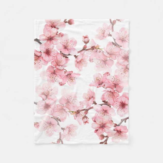 Floral Cherry Blossoms Pink White Fleece Blanket (Front)