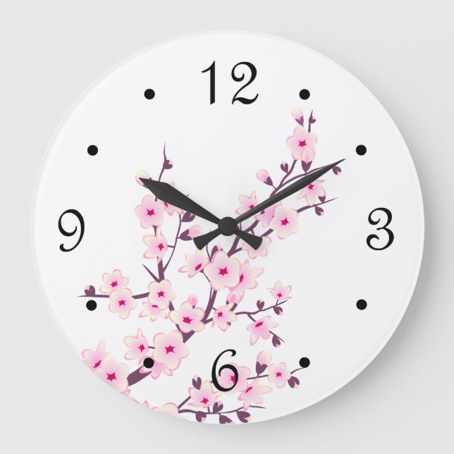 Floral Cherry Blossoms Pink White Large Clock (Front)