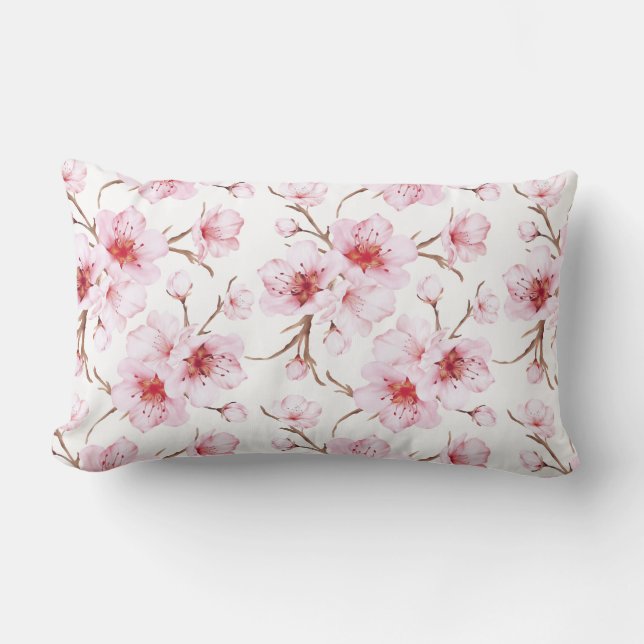 Floral Cherry Blossoms Pink White Lumbar Cushion (Front)