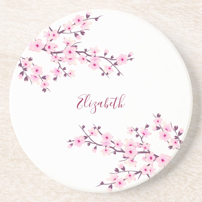 Floral Cherry Blossoms Pink White Monogram   Coaster (Front)