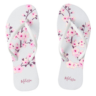 Floral Cherry Blossoms Pink White Monogram Flip Flops
