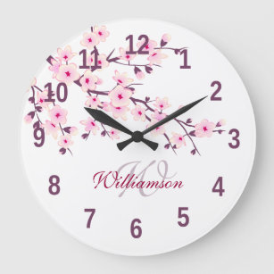 Floral Cherry Blossoms Pink White Monogram Name Large Clock