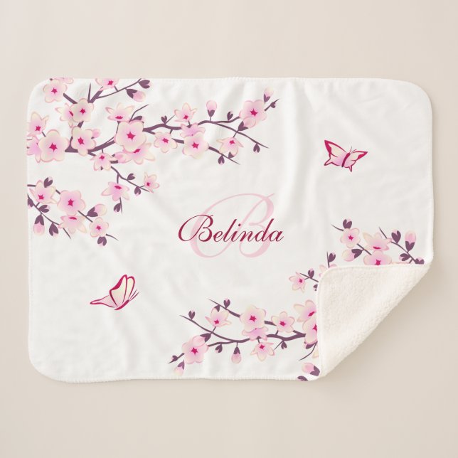 Floral Cherry Blossoms Pink White Monogram Sherpa Blanket (Front (Horizontal))