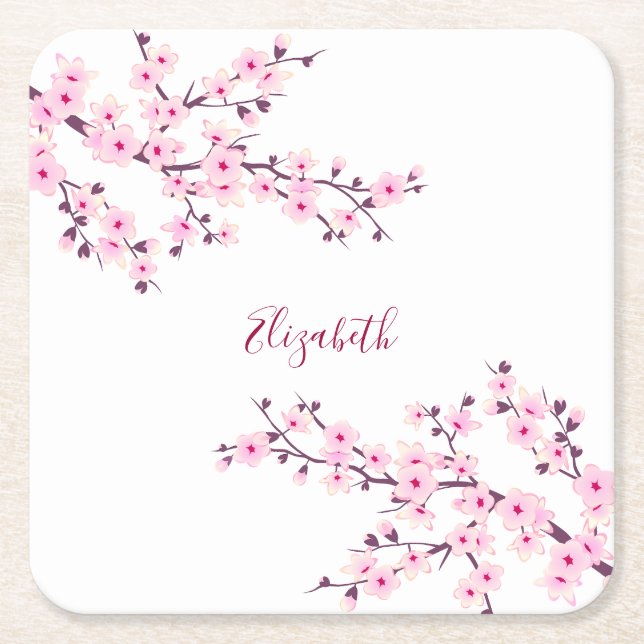 Floral Cherry Blossoms Pink White Monogram  Square Paper Coaster (Front)