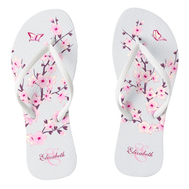 Floral Cherry Blossoms Pink White  Name Monogram Flip Flops (Footbed)