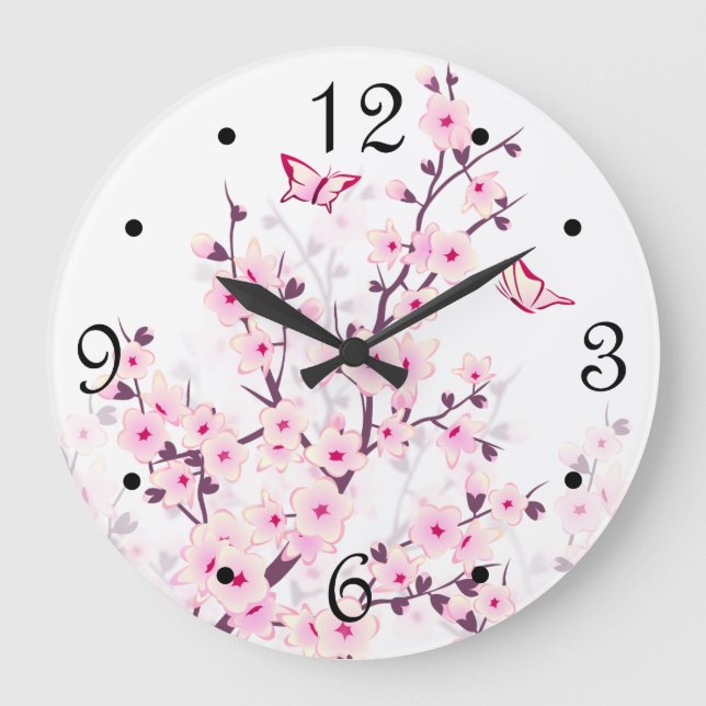 Floral Cherry Blossoms  Pink White Numbers Large Clock (Front)