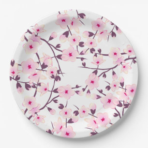 Floral Cherry Blossoms Pink White Paper Plate