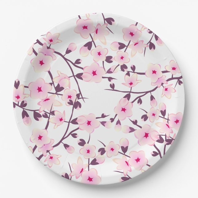 Floral Cherry Blossoms Pink White Paper Plate (Front)